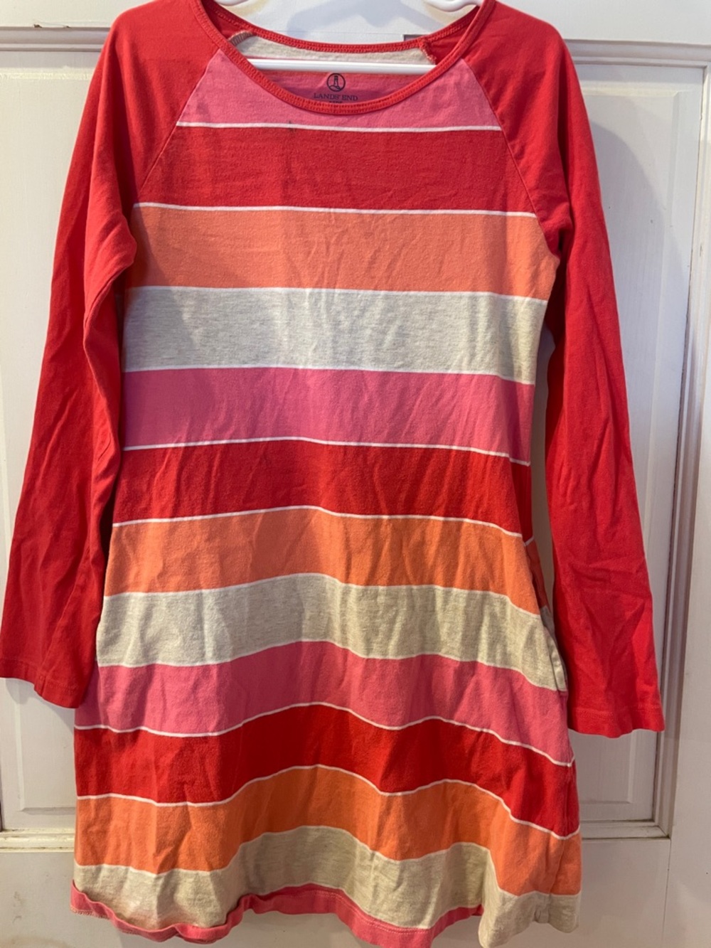 Lands' End Striped Long Sleeve A-Line Dress - Coral, Pink, Orange, Cream